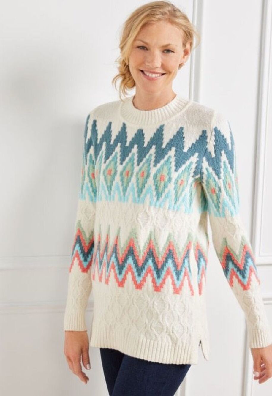 Talbots Zig-Zag Fair Isle cotton blend crewneck pullover sweater - PL